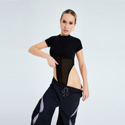 2023 Tight -fitting Thin Mesh Gauze Splicing Round Neck Sexual Perspective Short -sleeved Bodsuit