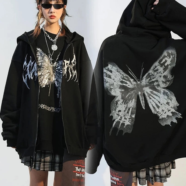 Hooded Zipper Letter Butterfly Print Fleece Cardigan Sweatshirt