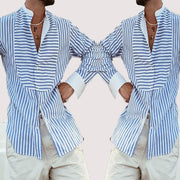 Men's Loose And Simple Striped Irregular Stitching Long-sleeved Shirt Cardigan