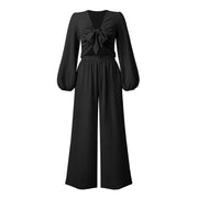 Fashion Women's Autumn Cardigan Tie Long Sleeve Top Wide Leg Trousers Two-piece Suit