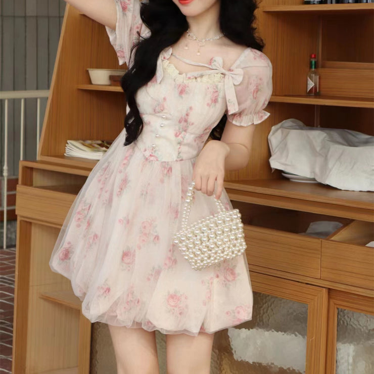 Graceful And Fashionable Floral Bow Dress