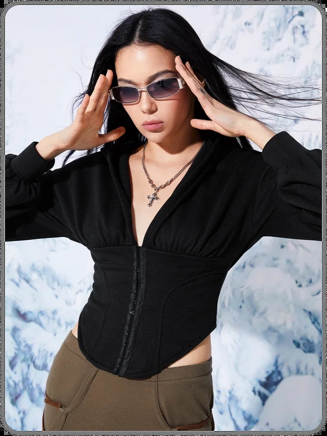 Street Hot Girl Hooded Sweater Solid Color V -neck Buckle Waist Long Sleeve Jacket