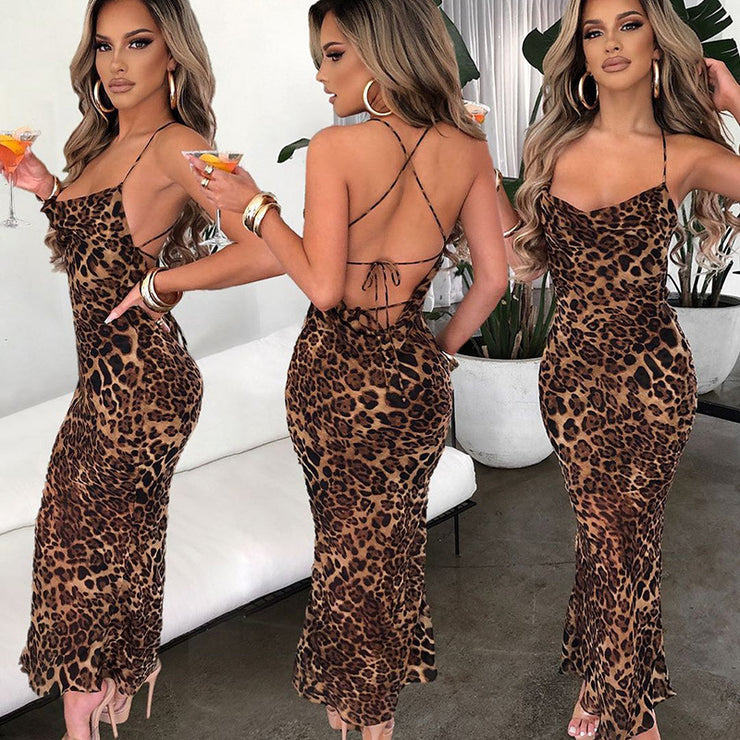 Leopard Print Sexy Backless Lace-up MIDI