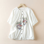 Women's Fashion Casual Retro Embroidery Design Cotton Linen Short Sleeve Shirt