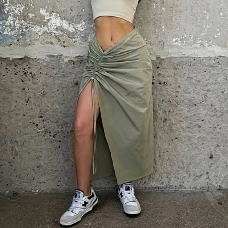 Versatile Slim Drawstring Gathered Slit Skirt