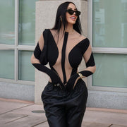 Sexy Mesh Perspective Stitching Long-sleeved Finger Sleeve Bodysuit