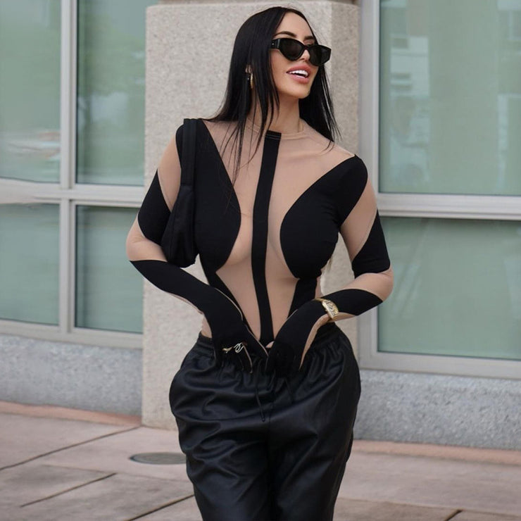 Sexy Mesh Perspective Stitching Long-sleeved Finger Sleeve Bodysuit