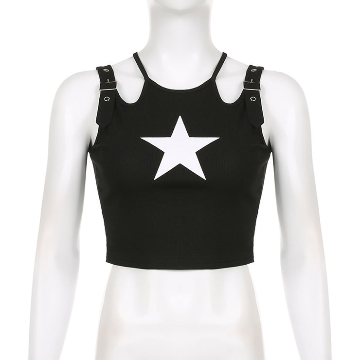 Dark Girl Fashion Wear With Double Adjustable Shoulder Straps Design Navel Vest Five-pointed Star Hot Girl Print Black