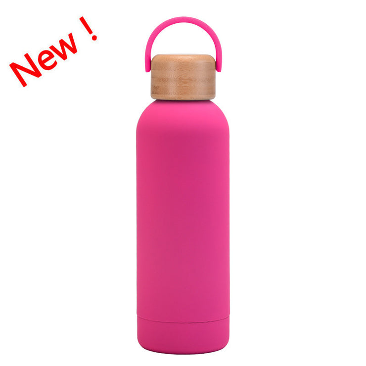 500ml Small Mouth Vacuum Cup Portable Handle Bamboo Wood Cover Water Cup Water Bottle