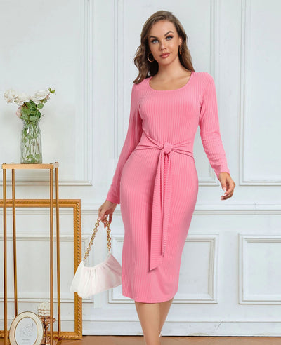 Women's Long Sleeve Tie Split Pit Stripe Midi Dresses