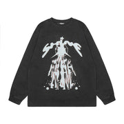 Rock Print Washed Oversize Long Sleeve Bottoming T-shirt