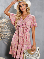 Floral Printed V-neck Lace-up Elegant Dress