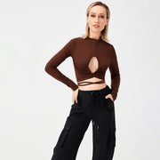 Long Sleeve Tie Cutout Sexy T-Shirt Women's Top