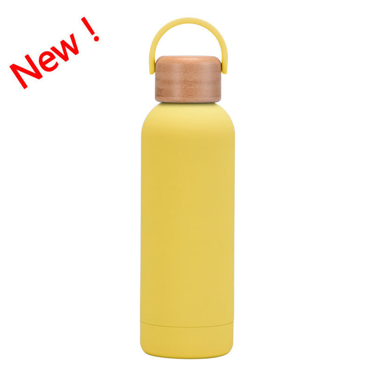 500ml Small Mouth Vacuum Cup Portable Handle Bamboo Wood Cover Water Cup Water Bottle