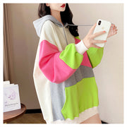 Women's Idle Style Hooded Color Matching Stitching Long-sleeved Hooded Sweater