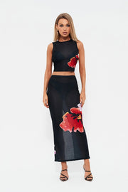 Sleeveless Printed Hip Slit Skirt Set