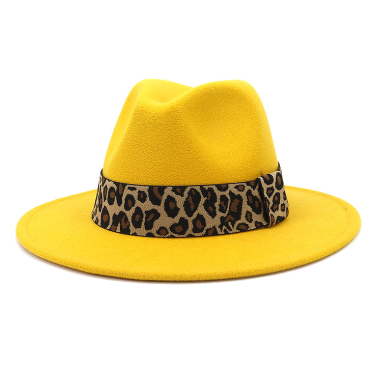 British Style Wool Leopard Print Wide-brimmed Hat