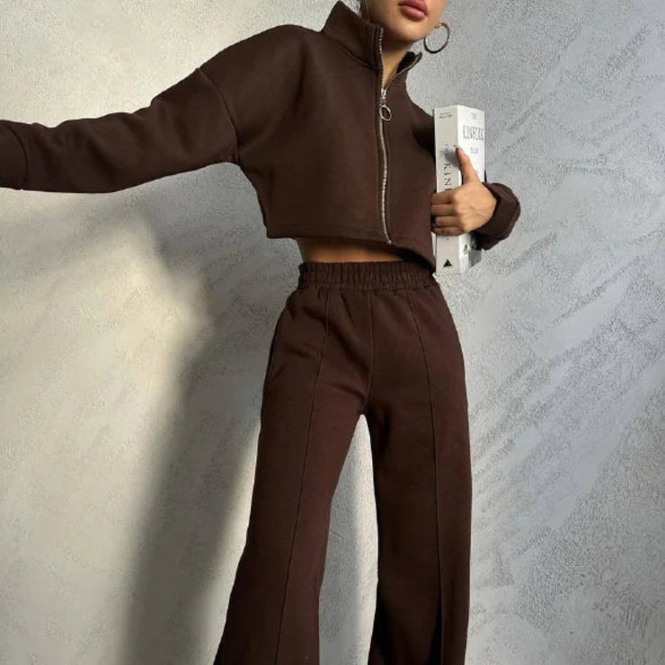 Women's Solid Color Round Neck Pullover Long Sleeve Sweater Trousers Suit