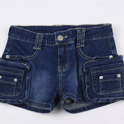 Street Washed Dark Blue Three-dimensional Pocket Splicing Low Waist Tight Hip Hot Girls Fried Street Hot Pants Super Short Jeans