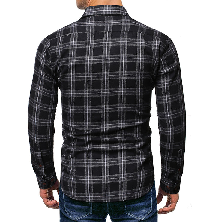 Cotton Brushed Youth Casual Single-pocket Slim Plaid Shirt