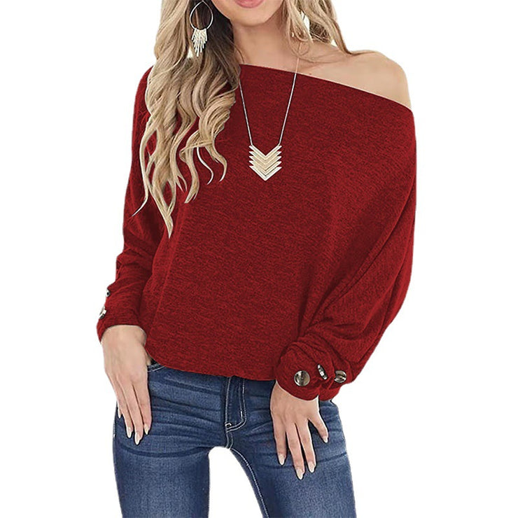 Women's Off-shoulder Button Solid Color Long Sleeve Casual T-shirt