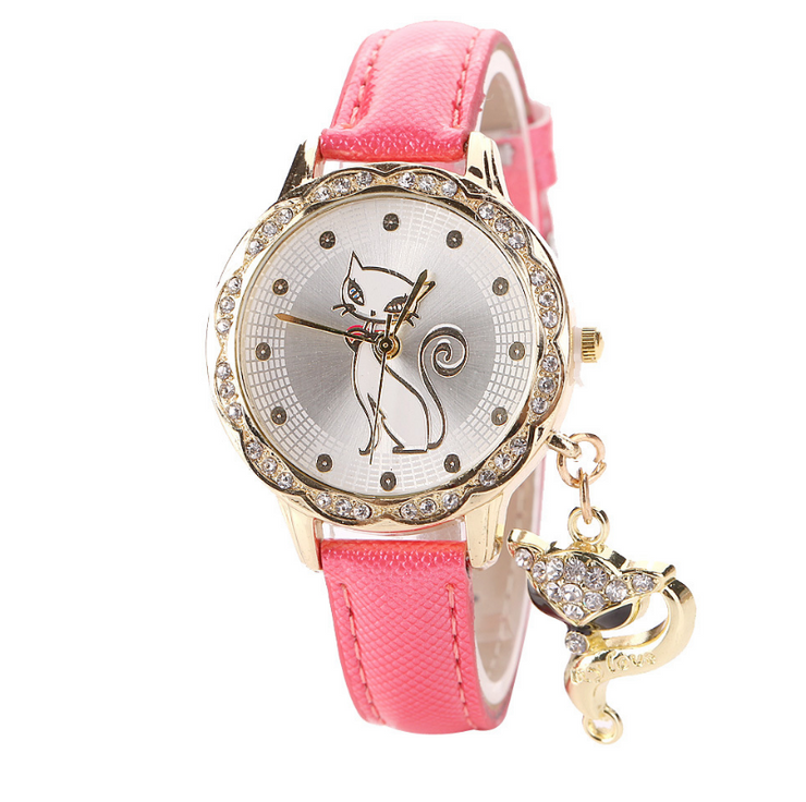 Fashion Cute Cat Pattern watch bracelets Clock Gift Women Girl Watches Luxury Diamond Analog Leather Quartz Wrist Watches