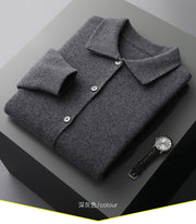 Men's Polo Collar Solid Color Wool Cardigan Autumn Winter Retro Pocket Thick Coat