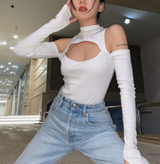 Sexy Hollow Strapless Slim Pure Desire Dark Long-sleeved Set Bottoming On T-shirt Female