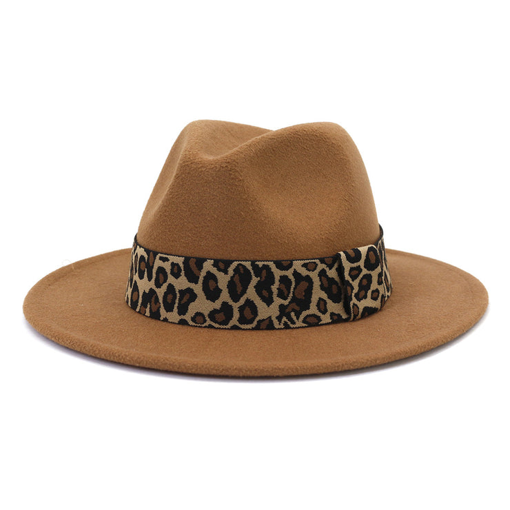 British Style Wool Leopard Print Wide-brimmed Hat