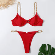 Women's Sexy Split Chain Solid Color Halter Strap Bikini Swimsuit Two Piece Swimwear Beachwear