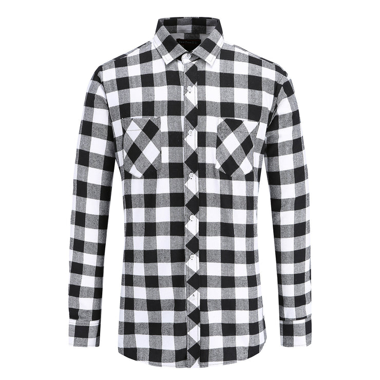 Flannel Double Pocket Men's Plaid Brushed Long Sleeved Shirt