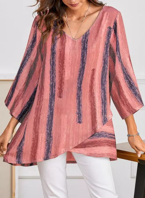 Women's Casual Long-sleeved V-neck Striped Print Irregular Hem Top