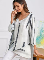 Women's Casual Long-sleeved V-neck Striped Print Irregular Hem Top