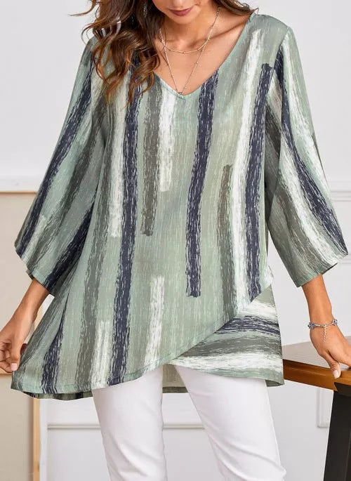 Women's Casual Long-sleeved V-neck Striped Print Irregular Hem Top