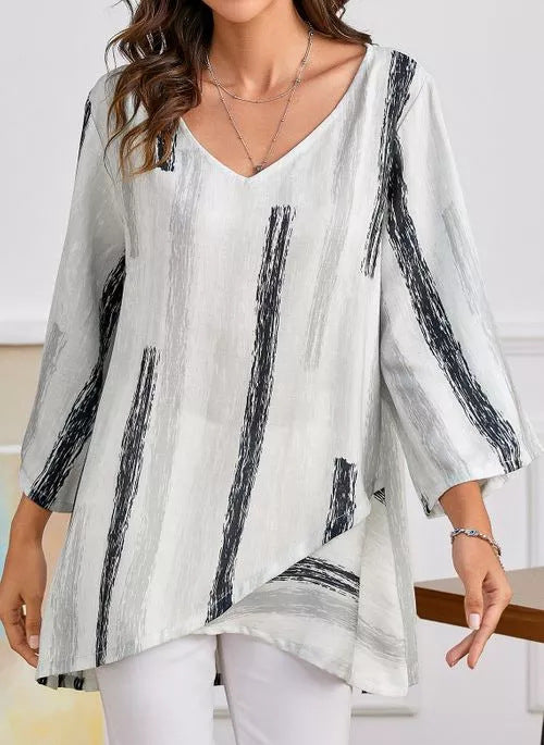 Women's Casual Long-sleeved V-neck Striped Print Irregular Hem Top