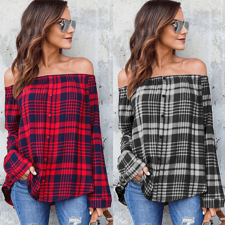 European And American Women's Clothing Amazon Winter New Red And Black Plaid Shirt Long-Sleeved Loose Single-Breasted Shirt