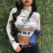 Half Turtleneck Printed Crop Top T-shirt Cross-border European And American Wish Autumn And Winter New Women's Clothing