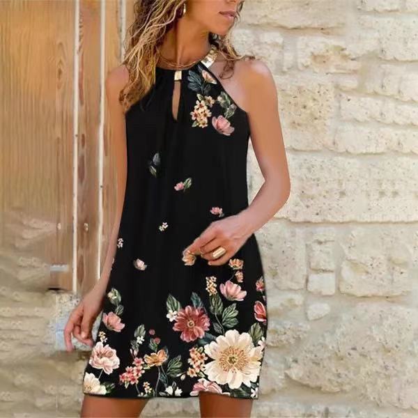 New Metal Hanging Neck Sleeveless Printed Dress Women