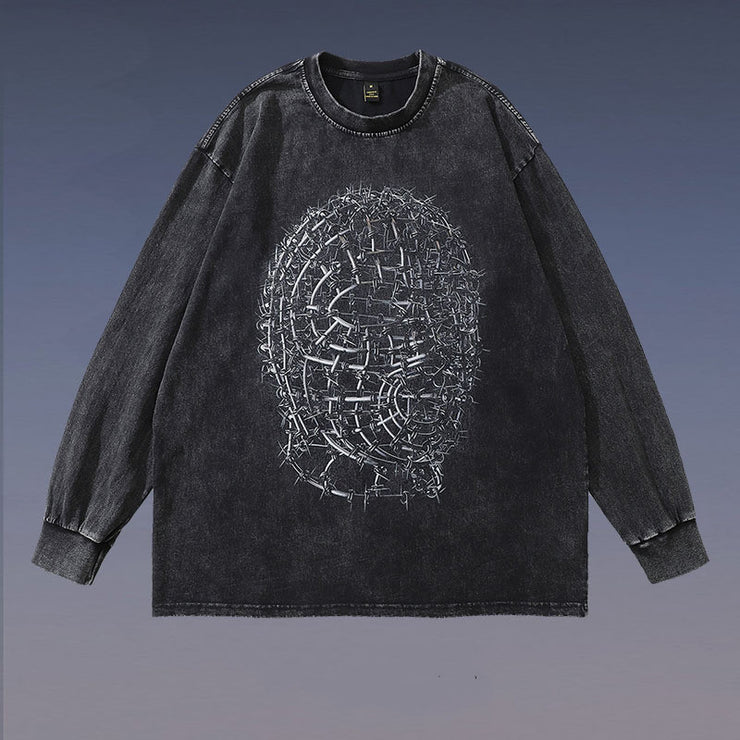 Niche Design Printed Distressed Long-sleeved T-shirt