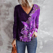 Women's Flower Butterfly Printed V-neck Long Sleeve Loose T-shirt