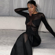 Sexy Mesh See-through Slim Round Neck Long-sleeved Dress