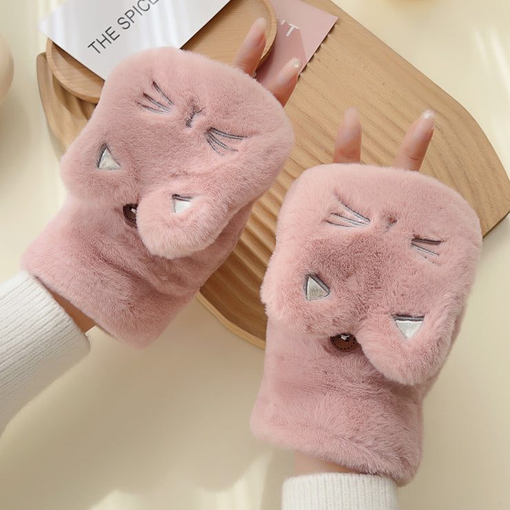 Women's Cold-proof Warm Flip Half Finger Cartoon Cute Plush Gloves