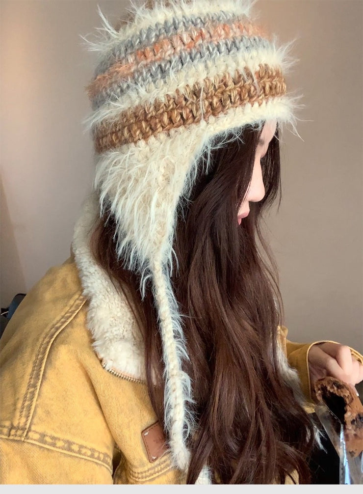 Rabbit Hair Plush Hat Korean Style Ins Warm Earflaps Cap Lace-up Cold-proof Striped Knitted Woolen Cap Winter