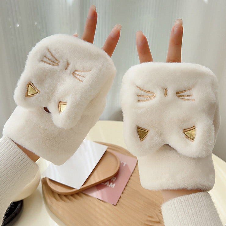 Women's Cold-proof Warm Flip Half Finger Cartoon Cute Plush Gloves