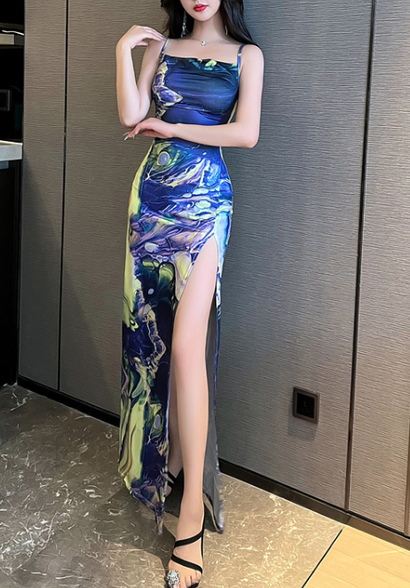 Strap Slim Print Slit Backless Strapless Sleeveless Dress Dress