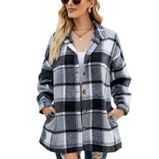 Women's Long-sleeved Plaid Shirt Mid-length Woolen Coat