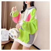 Women's Idle Style Hooded Color Matching Stitching Long-sleeved Hooded Sweater