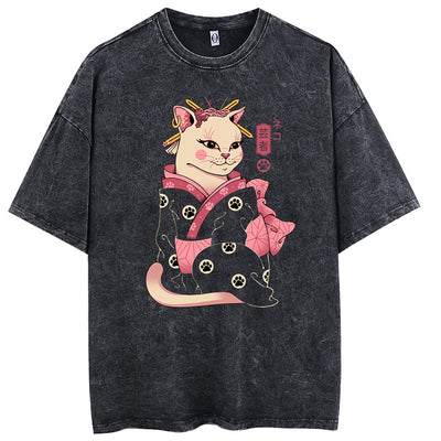 Yunren Kitten Washed And Worn Pure Cotton Style Pickled Short Sleeve