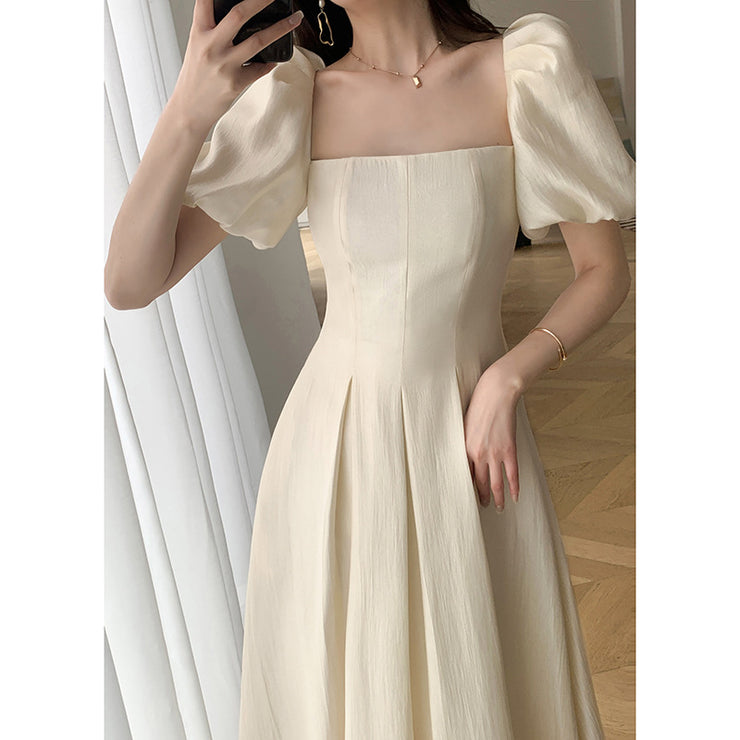 Square Collar French Tea Break Waist-tight Puff Sleeve Gentle Long Dress