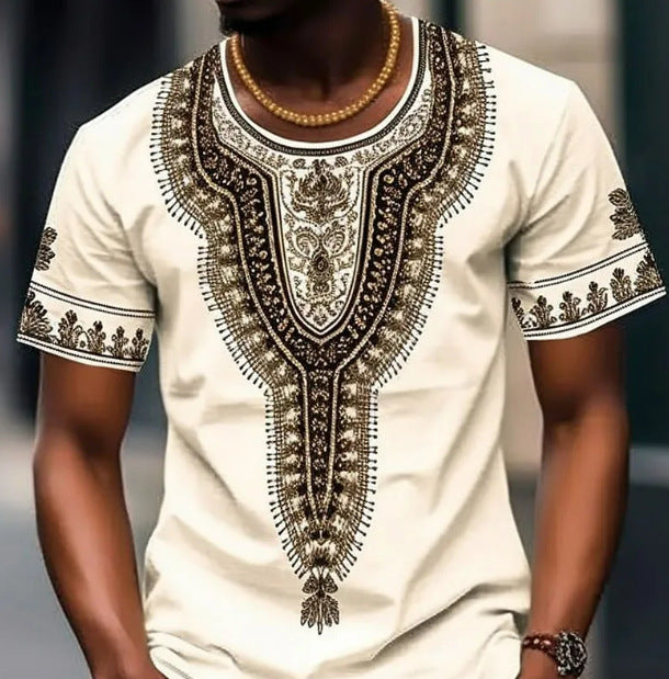 Ethnic Style 3D Digital Printed Round Neck Short-sleeved T-shirt Men